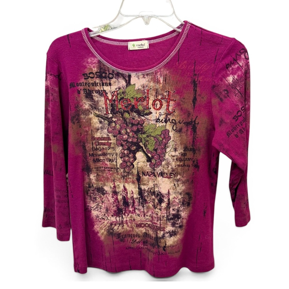 CACTUS Merlot Wine Graphic Top Burgundy M Rhinestone 3/4 Sleeve Y2K Vintage 90s